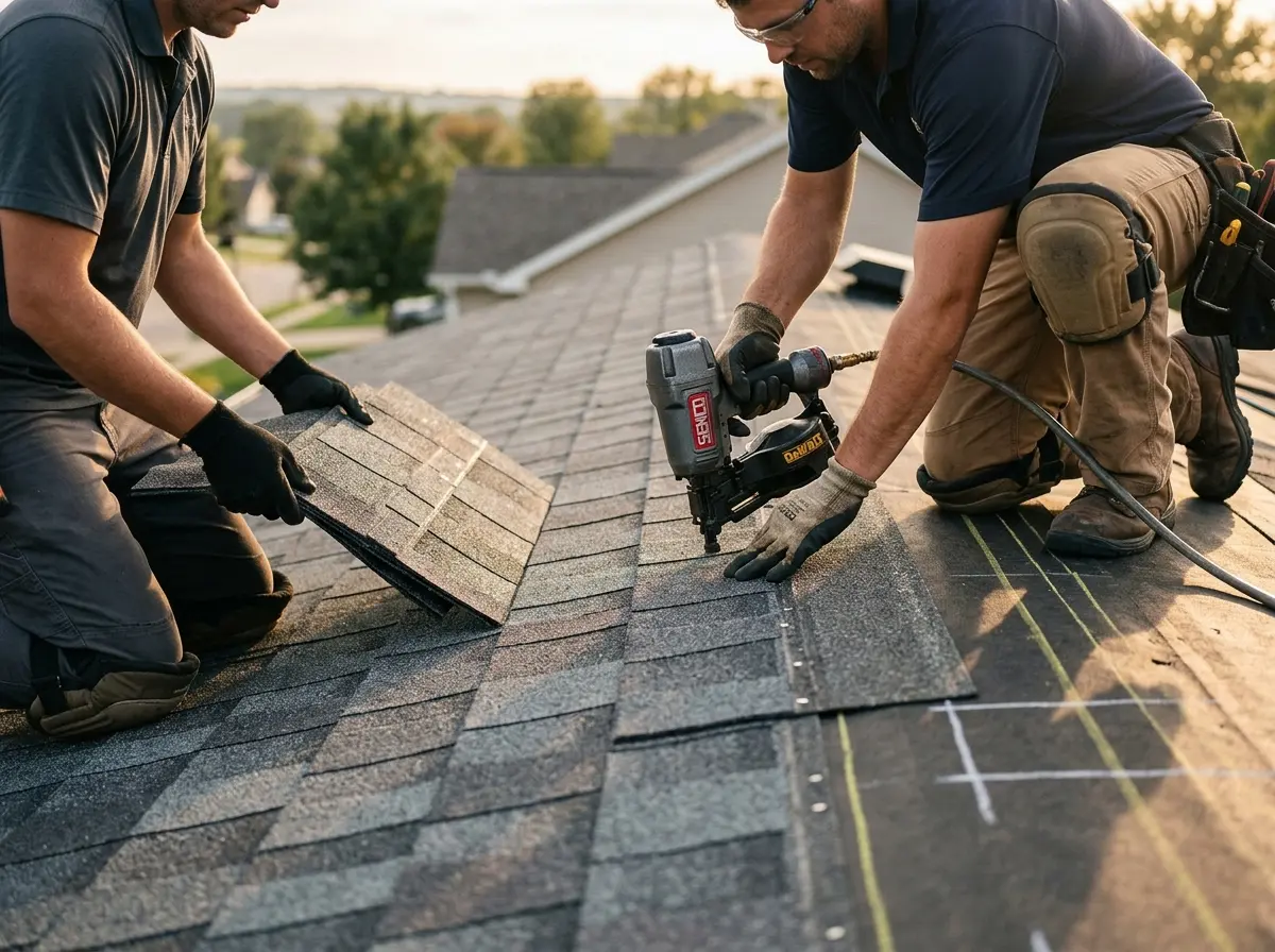 Professional roofer working on a residential roof in Snyderville